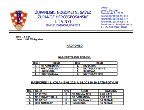Raspored turnira Limača 23/24 Podhum