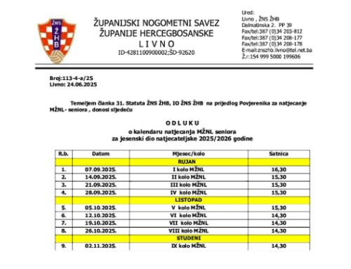 Kalendar MŽNL-seniora jesen 25/26